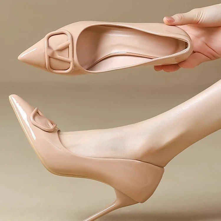 French nude high heels for women with thick heels 2025 spring new style pointed toe shallow mouth low heels work black single shoes