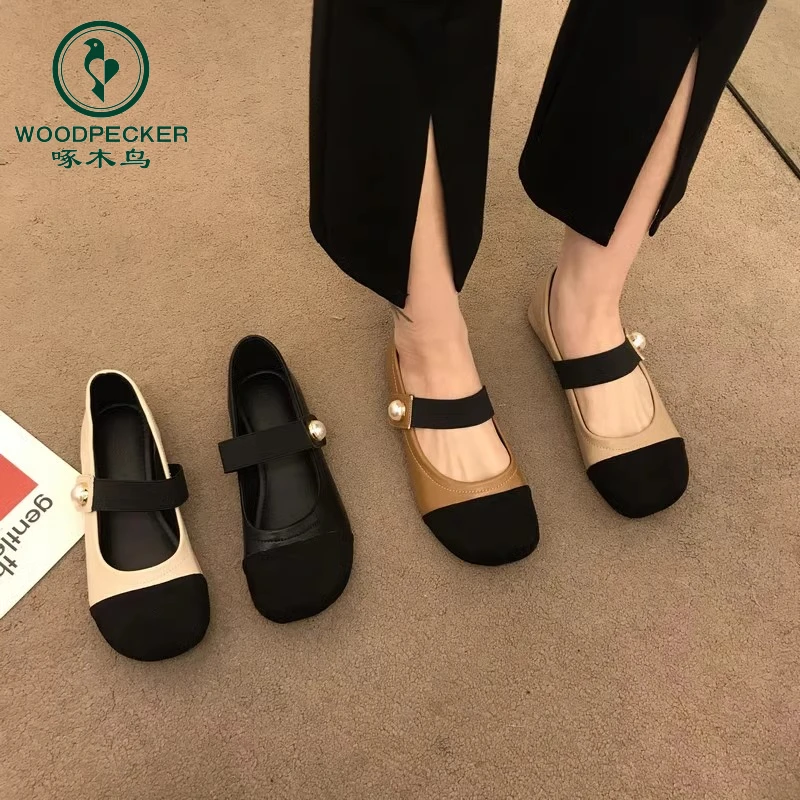 Woodpecker Little Fragrant Square-toe Single Shoes 2025 Spring New Pearl Color Bundle Mary Jane Shoes Grandma Shoes versatile Scoop Shoes