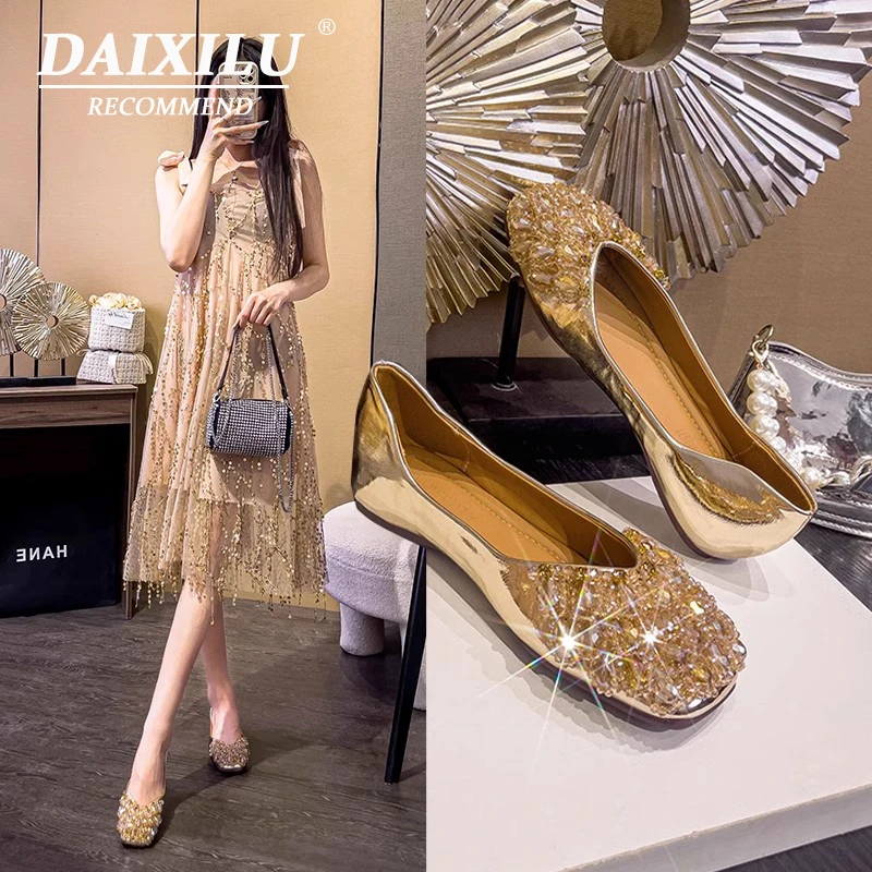 Square toe flat shoes for women 2025 new spring and summer French crystal full diamond fairy scoop shoes soft sole shallow mouth single shoes for women