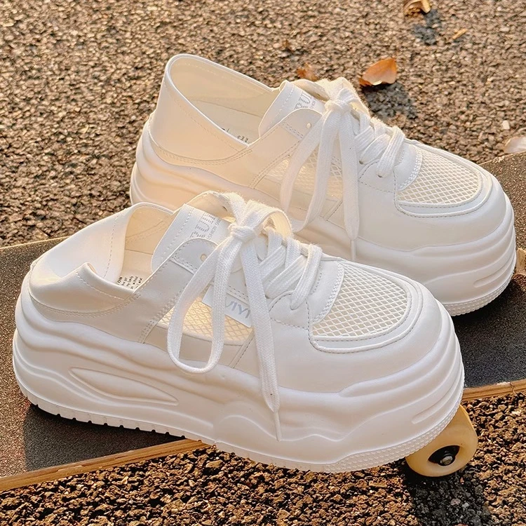 Summer thin high-rise white shoes for women 2025 new thick-soled canvas shoes breathable half-tight casual shoes