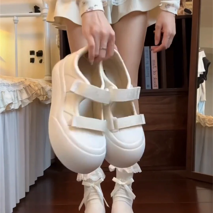 New thick-soled round-toe Mary Zhen women's shoes Velcro 2025 spring and summer hot white shoes JK shoes cute women's shoes