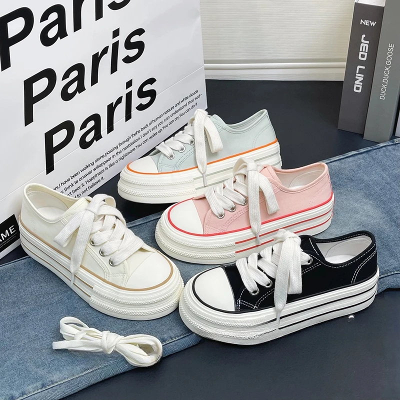 Thin canvas shoes ins flat sole thick sole height enhancement versatile autumn new style student casual low top women h1057