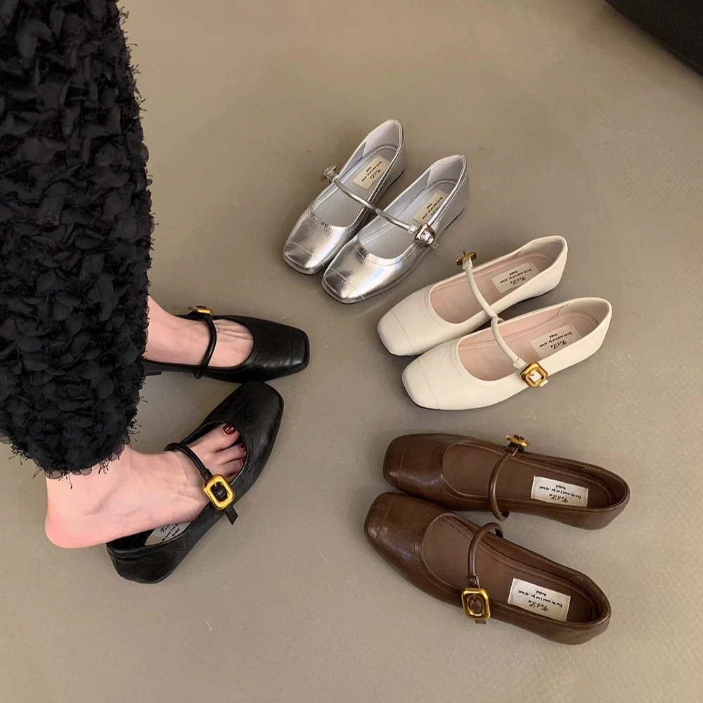 Korean version of versatile single strap shoes silver women's shoes summer French retro Mary Jane shoes flat shoes small leather shoes