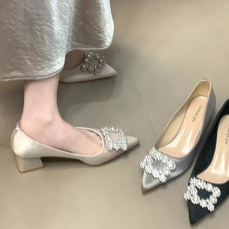 Rhinestone square buckle thick heel fairy style single shoes for women 2025 new satin pointy toe skirt high heels bridal shoes wedding shoes