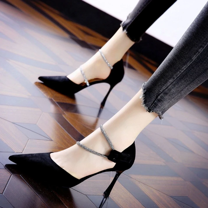 Frosted shallow-mouthed high heels for women in spring 2025 new elegant Velcro rhinestone hollow slim heel shoes