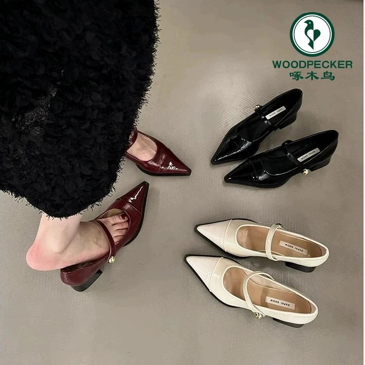 Woodpecker pointed toe leather shoes 2025 new spring thick heel low heel high heel retro French Mary Jane single shoes