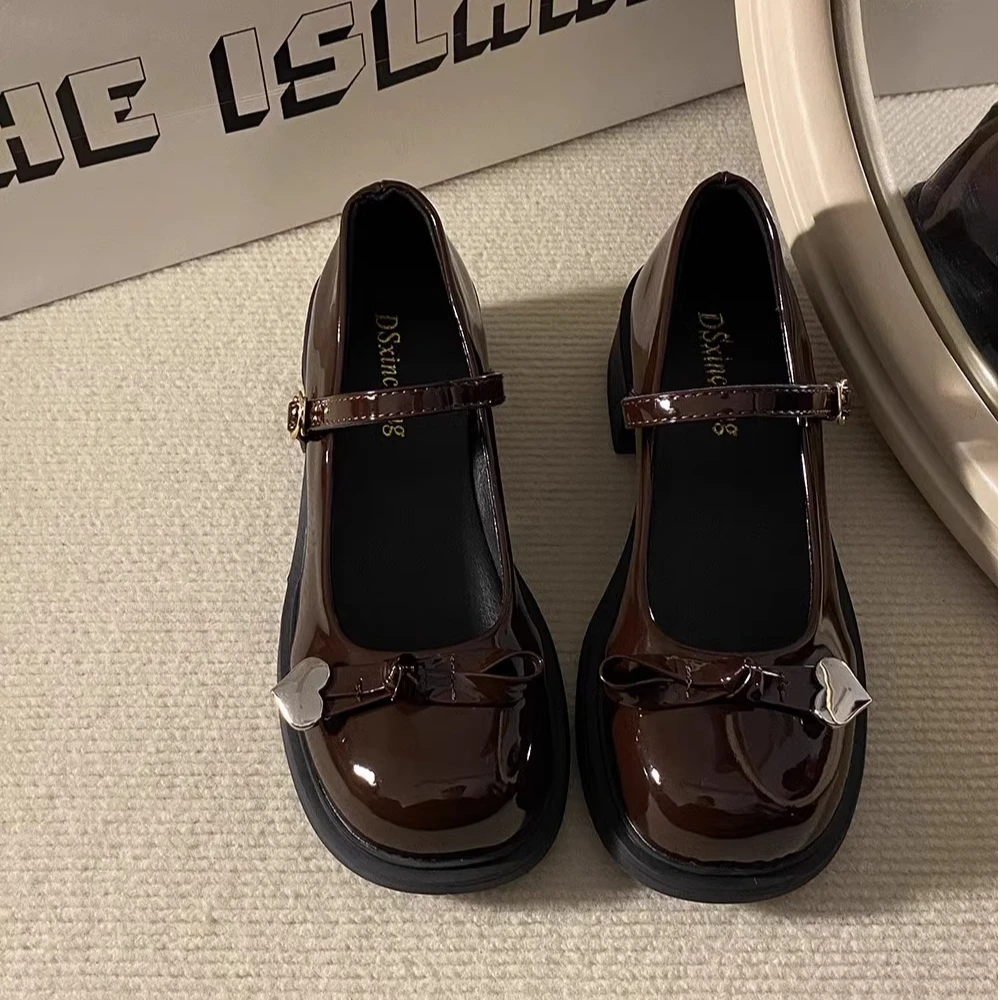 Thick heels small leather shoes for women 2025 spring new French retro shallow mouth Mary Jane single shoes with skirt jk high heels