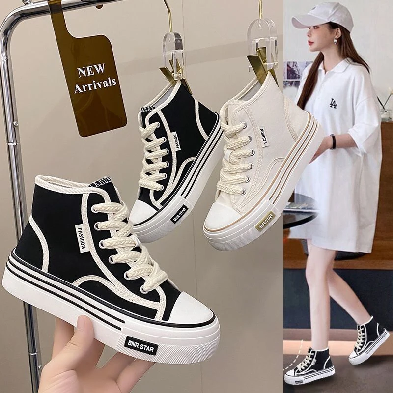 High-top canvas shoes for women ins spring and summer niche hot versatile casual shoes trendy student flat white shoes