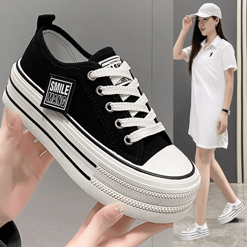 Internet celebrity canvas shoes for women casual wear Korean version of high-end round toe versatile board shoes popular thick-soled sports white shoes for women