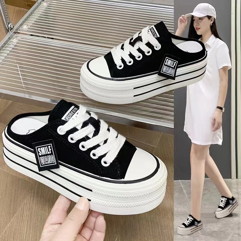 No heel thick sole half-drag small white shoes Internet celebrity casual and versatile hot summer Korean new women's canvas shoes for women