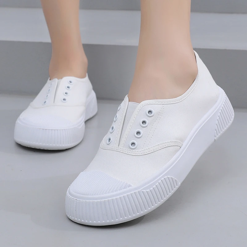 Women's spring thick sole thin 2025 new high-rise foot nurse shoes lazy shoes canvas shoes