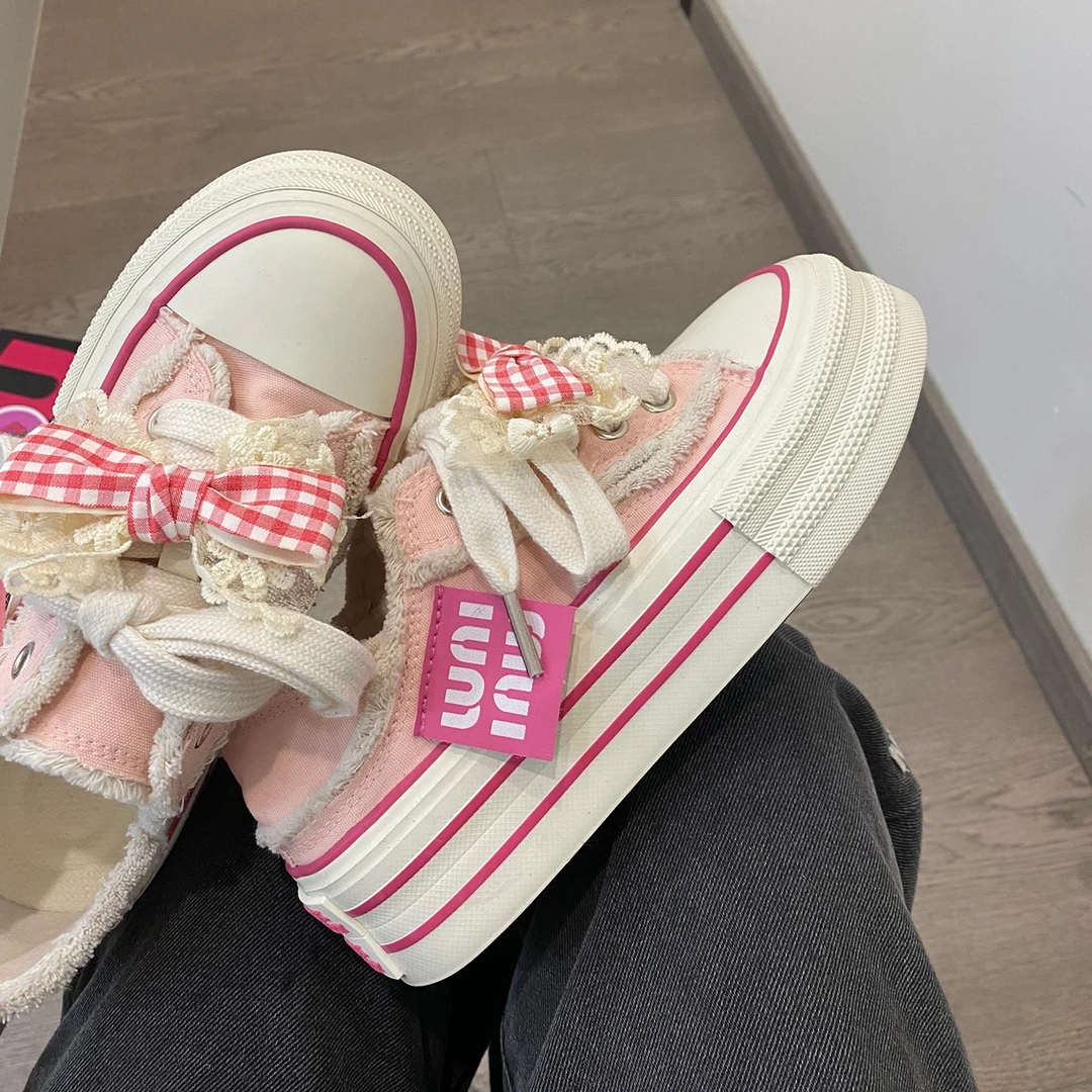 Original pink bow canvas shoes for women in summer 2024 thin breathable thick sole two-piece white shoes