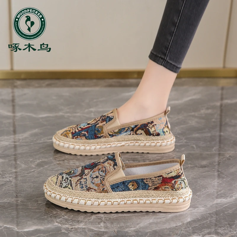 Woodpecker canvas shoes for women in autumn 2024 new style breathable one-foot pedal without tired feet old Beijing fisherman shoes women