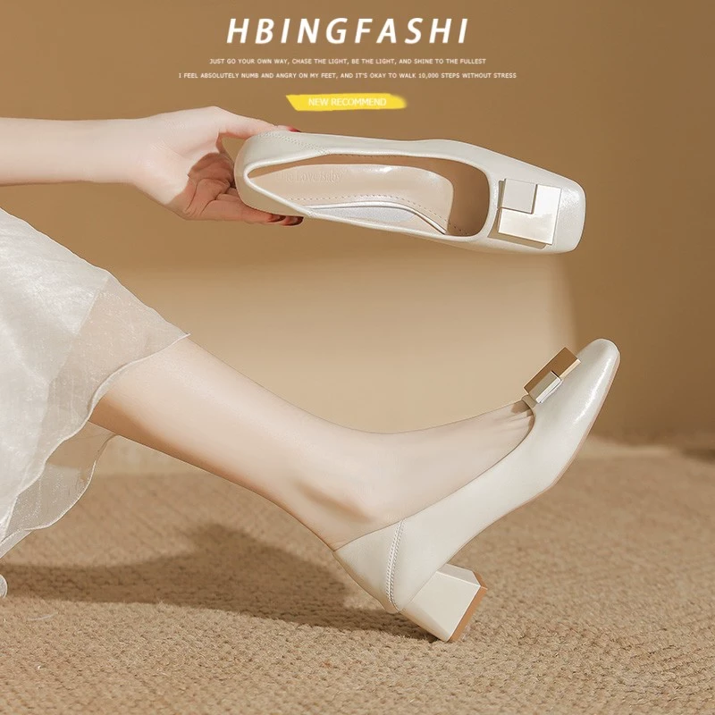 Wanda cabinet removal top layer cowhide huge soft spring and summer temperament commuting shallow mouth high heels thick heels square toe women's professional single shoes