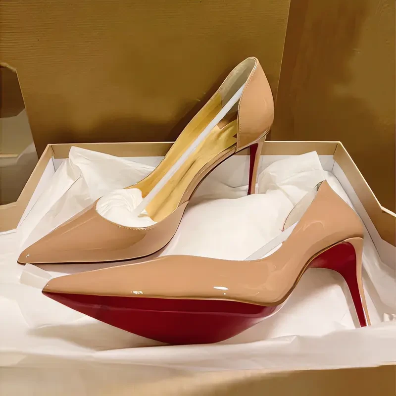 Nude high heels for women's slim heels 2025 new red sole shoes pointed toe shallow toe patent leather professional side empty shoes
