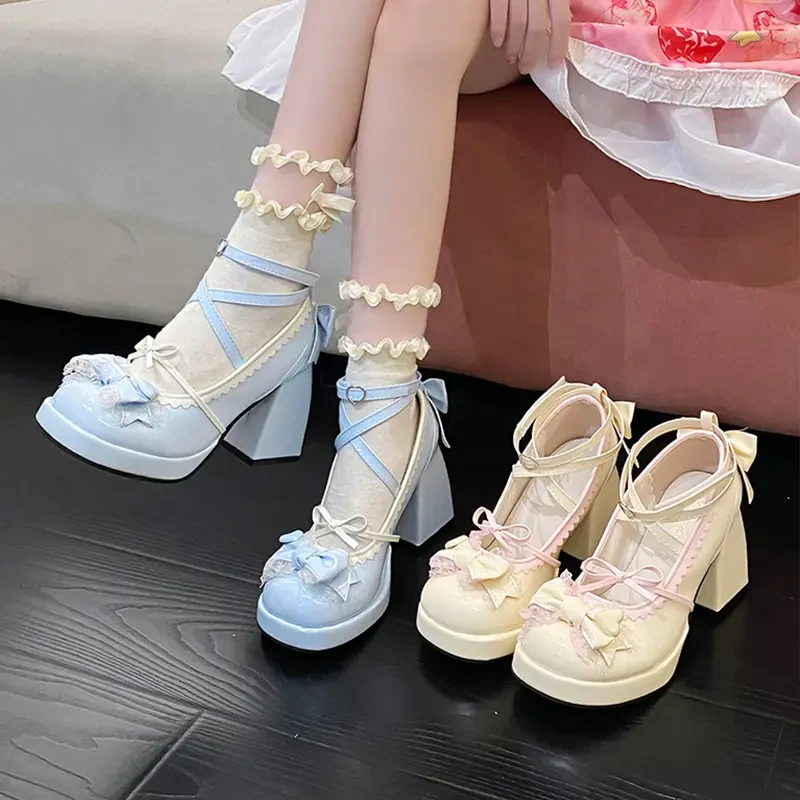 High heels lolita thick heel thick sole waterproof platform blue Japanese soft girl sweet and cute bow shoes for women
