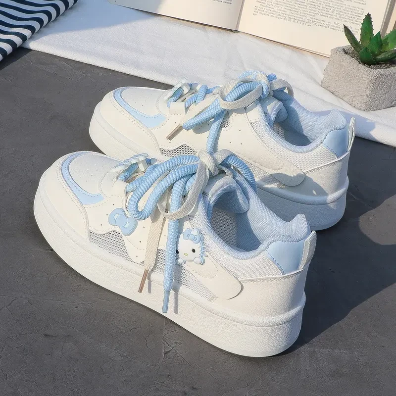 Hello Kitty cute cartoon mesh thick sole breathable white shoes for women ins2025 summer new versatile board shoes
