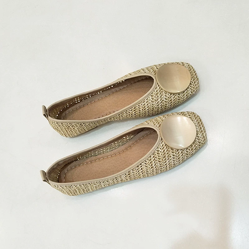 2024 spring and summer breathable woven square-toe single shoes for women's shallow mouth flat sole soft sole grandma shoes retro round buckle versatile