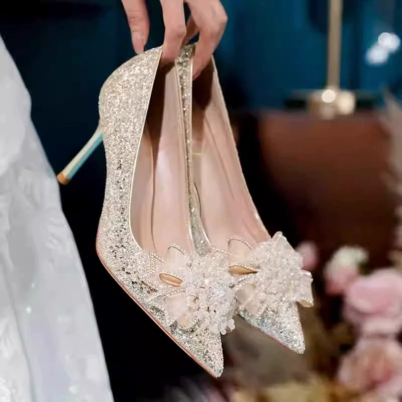 Wedding Wedding Shoes Bridal Shoes Xiuhe Dress Pointed High Heels Thin Heels Women's Champagne Color Sequin Bow Crystal Shoes