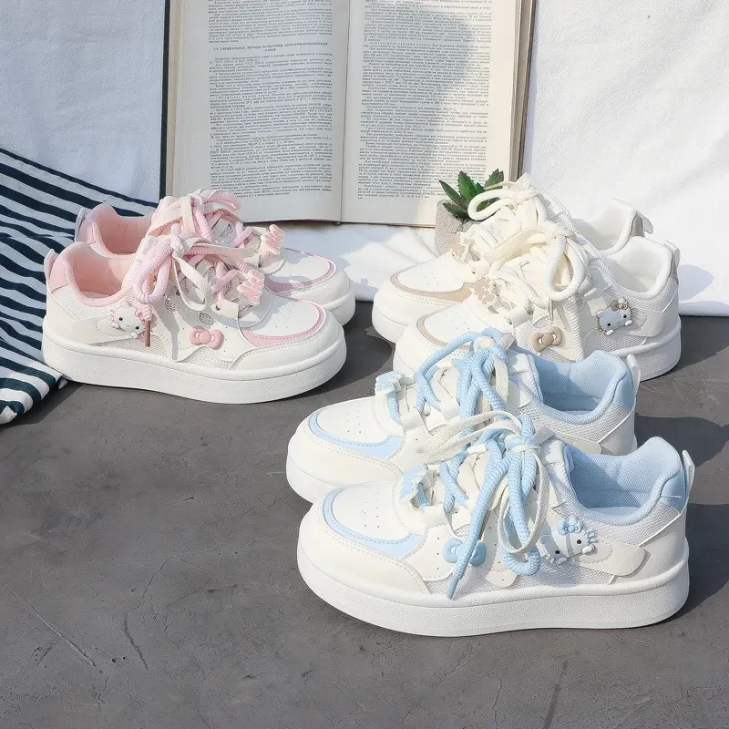 Hello Kitty cute cartoon mesh thick sole breathable white shoes for women ins2025 summer new versatile board shoes