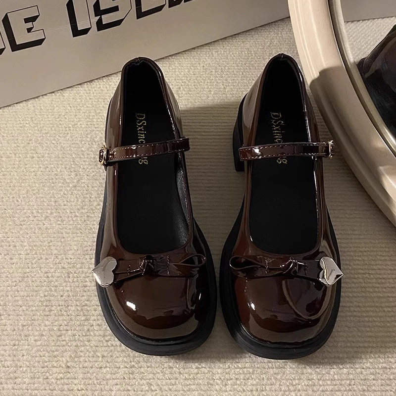 French retro single shoes with spring bow round head JK Mary Zhen small leather shoes thick heel heighten and make you look thin