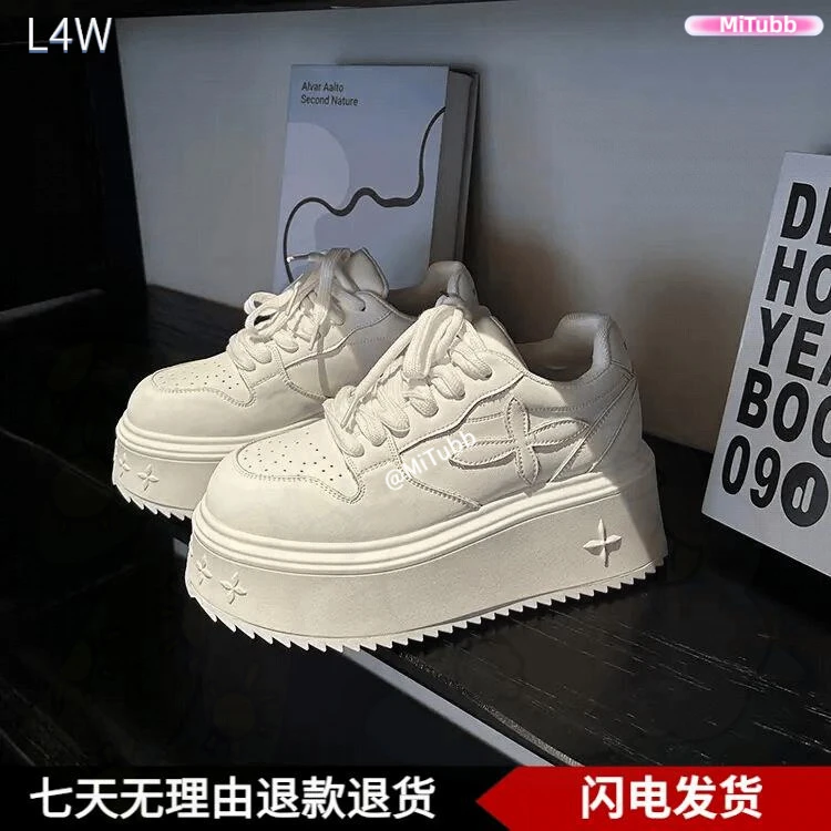 Increase height by 7cm! Niche Korean version of Internet celebrity shoes, sponge cake sole, white shoes, versatile thick sole shoes, white lace-up casual board shoes